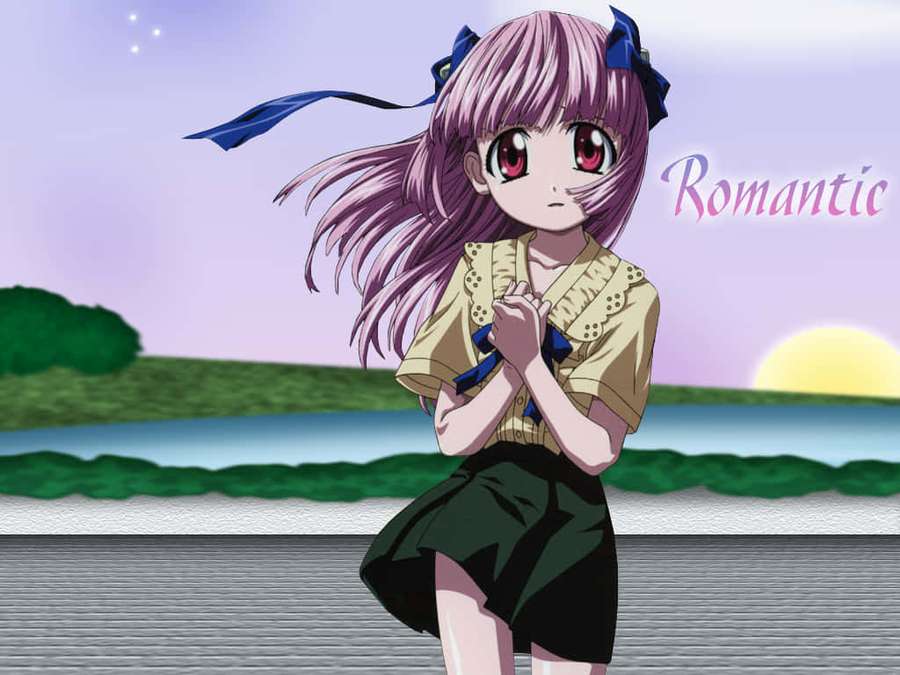 Anime girl with purple hair and red eyes standing by a lake at sunset. — Elfen Lied Mariko Wallpaper
