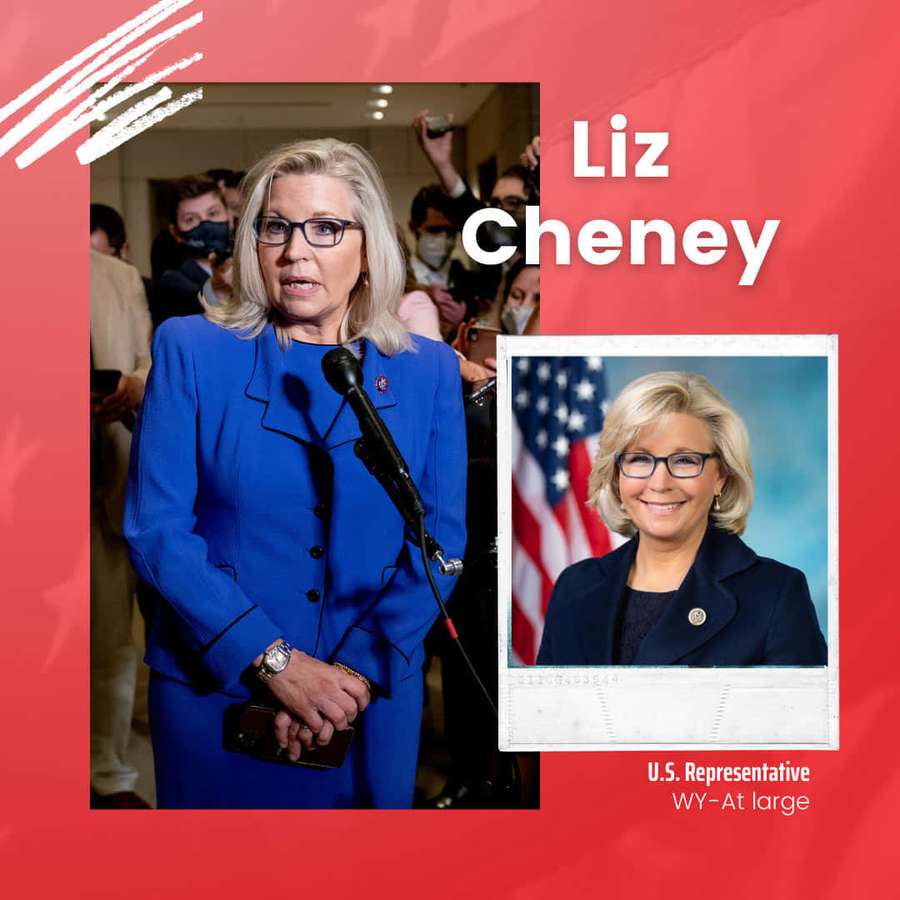 Liz Cheney parla a un evento stampa con una foto polaroid di lei sorridente accanto a una bandiera americana. — Elisabetta Cheney Sfondi