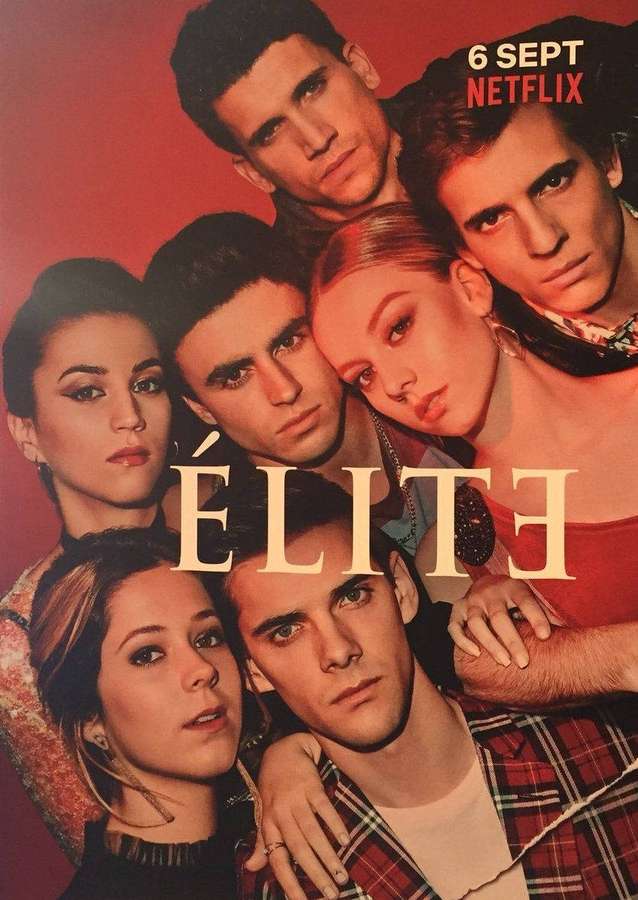 Six young actors from Netflix series Élite stare intensely at viewer against red background. — Elite Background