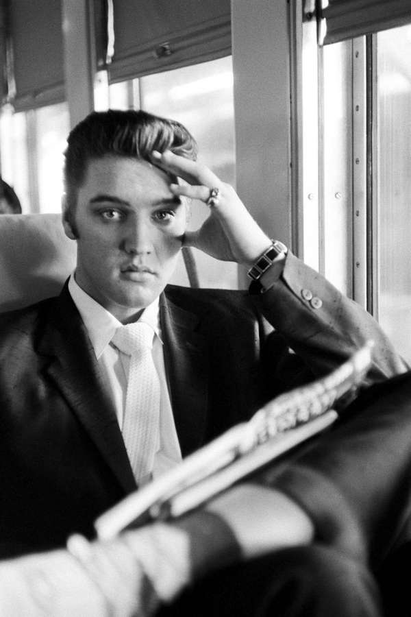 Elvis Presley con traje sosteniendo una guitarra dentro de un autobús mirando a la cámara — Elvis Fondos de pantalla