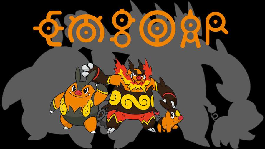 Three Pokémon characters in fiery poses with orange symbols above them. — Emboar Wallpaper