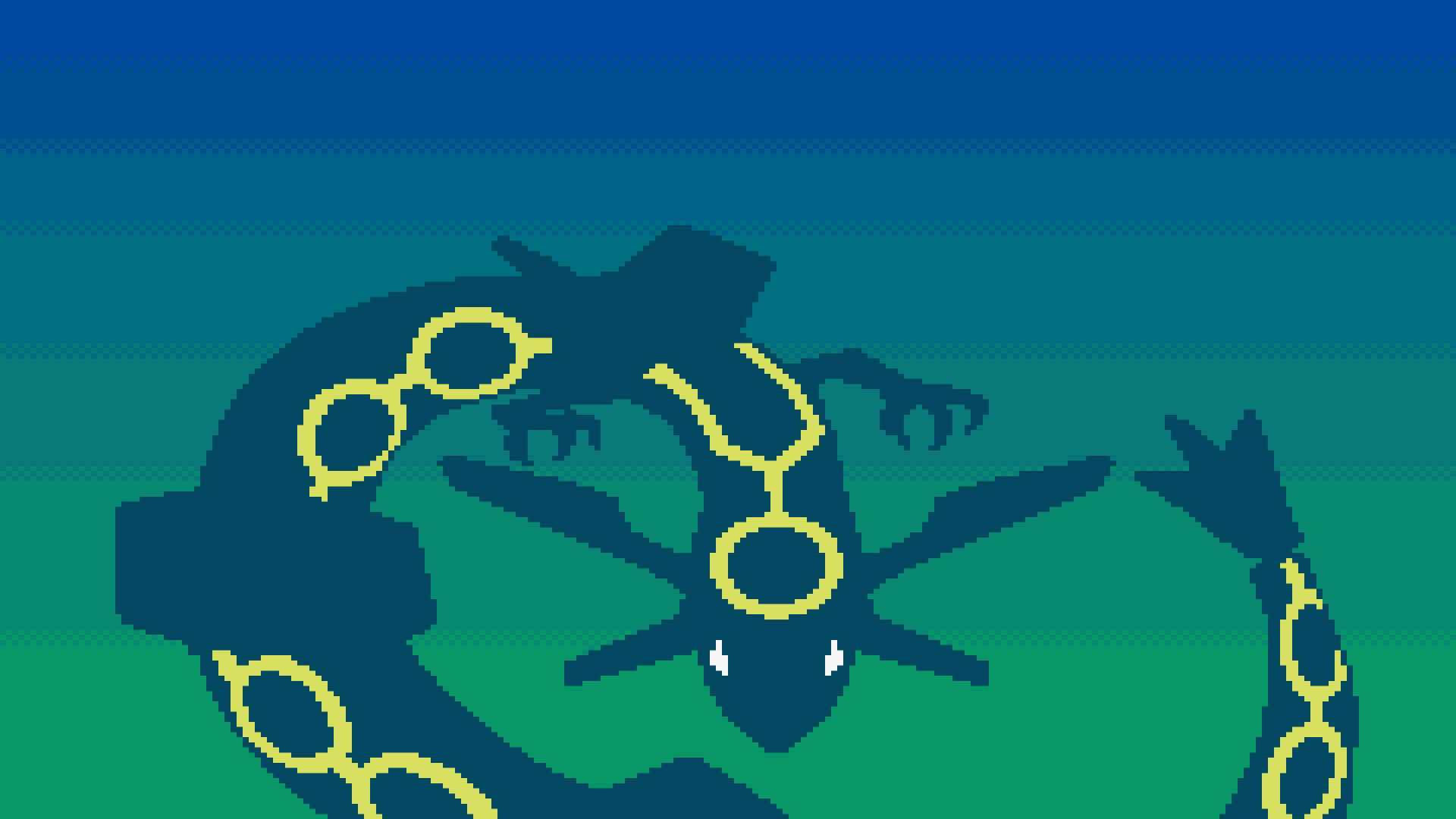 Pixelartad Pokémon med gula ringar som simmar i blågrönt vatten. — Smaragd bakgrund Bakgrundsbilder