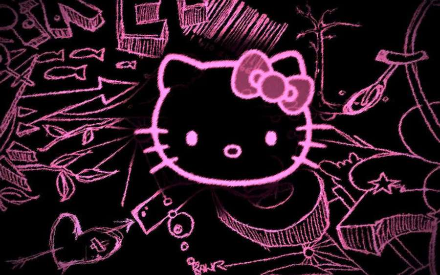 Lyserød kridttegning af Hello Kitty med kruseduller på sort baggrund. — Emo Hello Kitty Wallpapers