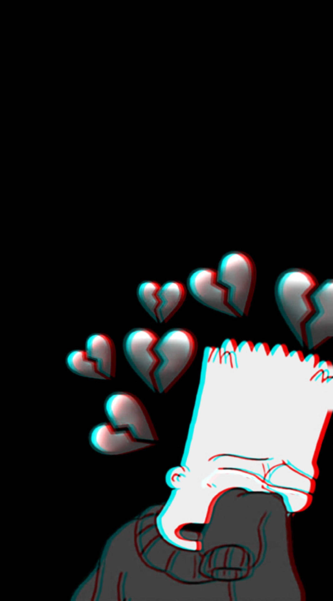 Bart Simpson omgiven av krossade hjärtan i 3D-anaglyfstil. — Emo bakgrund Bakgrundsbilder
