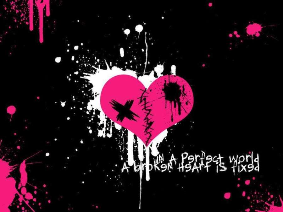 Pink heart with black cross and text saying 'In a perfect world a broken heart is fixed' on black background with paint splatters. — Emo Picture