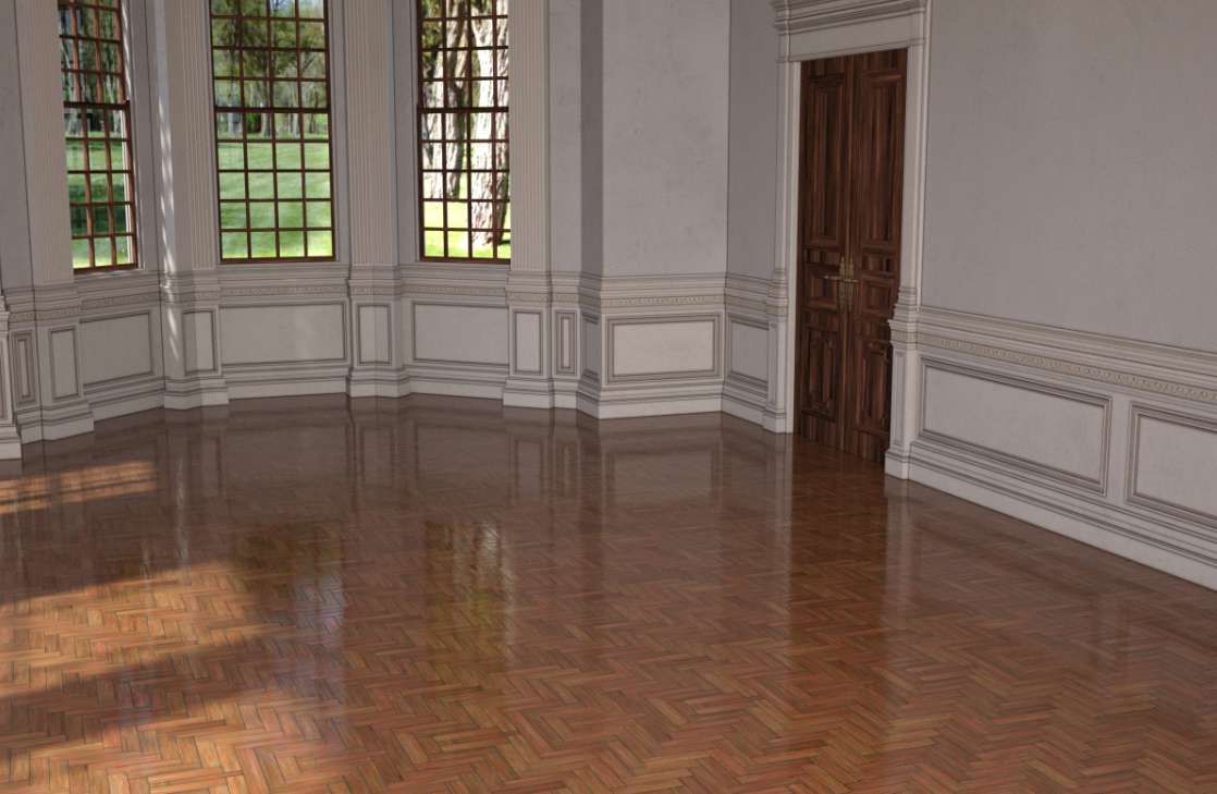 Sunlit empty classical room with herringbone wood floors and tall windows. — Empty Room Background
