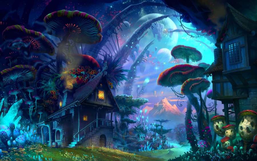 Cabaña caprichosa rodeada de hongos gigantes brillantes bajo un cielo estrellado crepuscular. — Encantamiento Fondos de pantalla