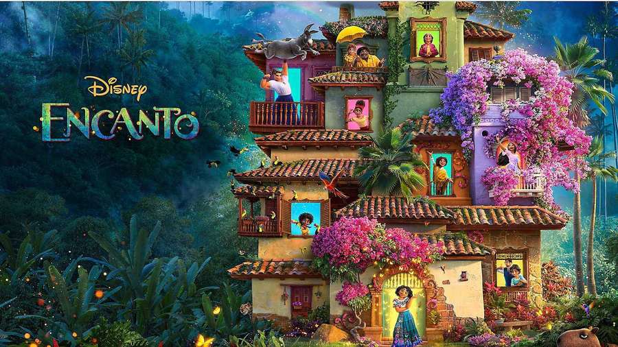 A magical animated house in a jungle with characters in windows and blooming flowers. — Encanto Aesthetic Background