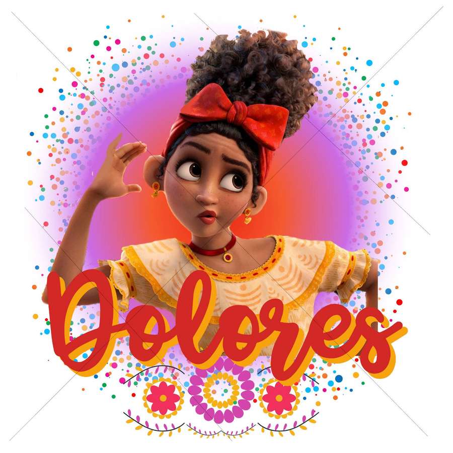 Animated girl with red bow and colorful confetti background — Encanto Dolores Background