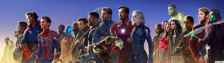 Marvel-Superheldenteam steht zusammen unter einem Sternenhimmel mit glühender Energie. — Endspiel Wallpaper