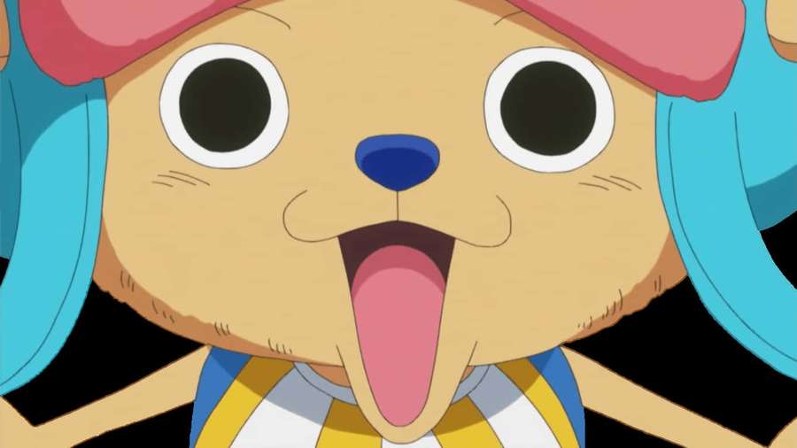 Perro anime con pelo azul y sombrero rosa sacando la lengua alegremente. — Enfoque Fondos de pantalla