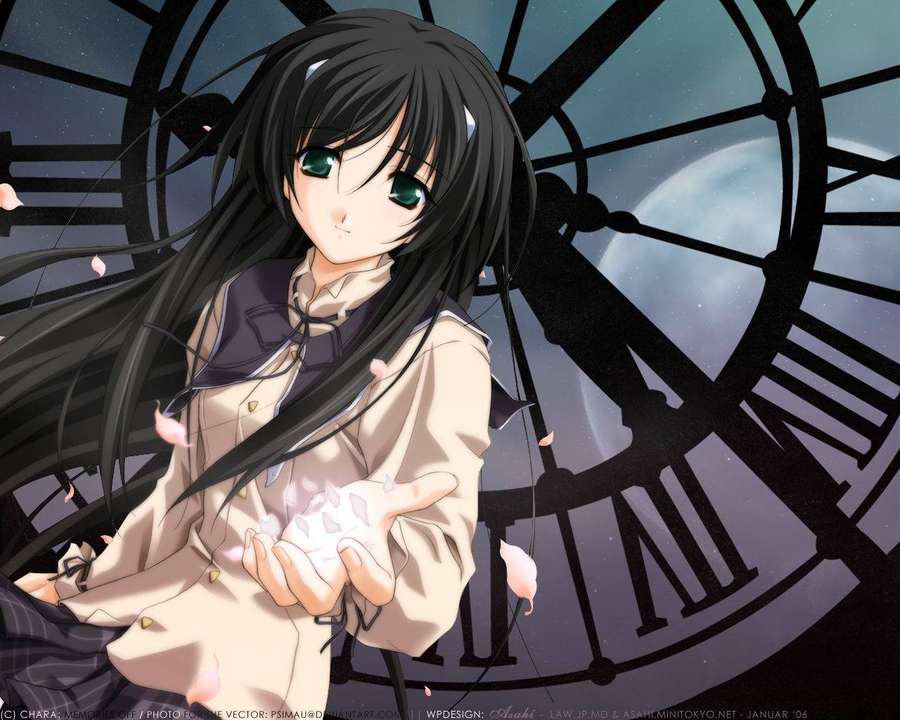 Anime-Mädchen mit schwarzen Haaren und grünen Augen hält leuchtende rosa Blütenblätter vor eine riesige Uhr bei Nacht. — Engel Des Todes Wallpaper