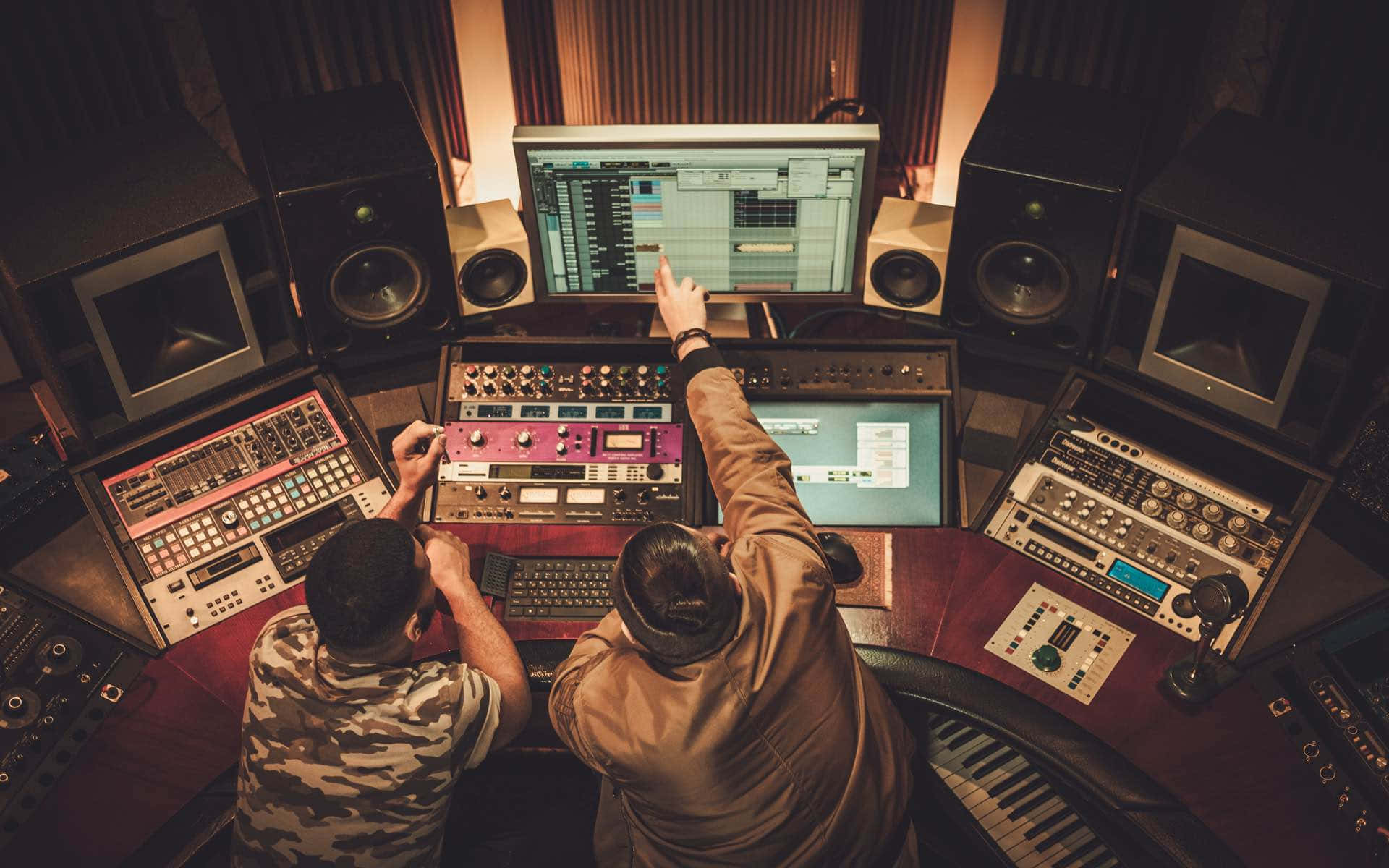 Två personer arbetar vid en musikproduktionskonsol i en inspelningsstudio. — Ingenjör bakgrund Bakgrundsbilder