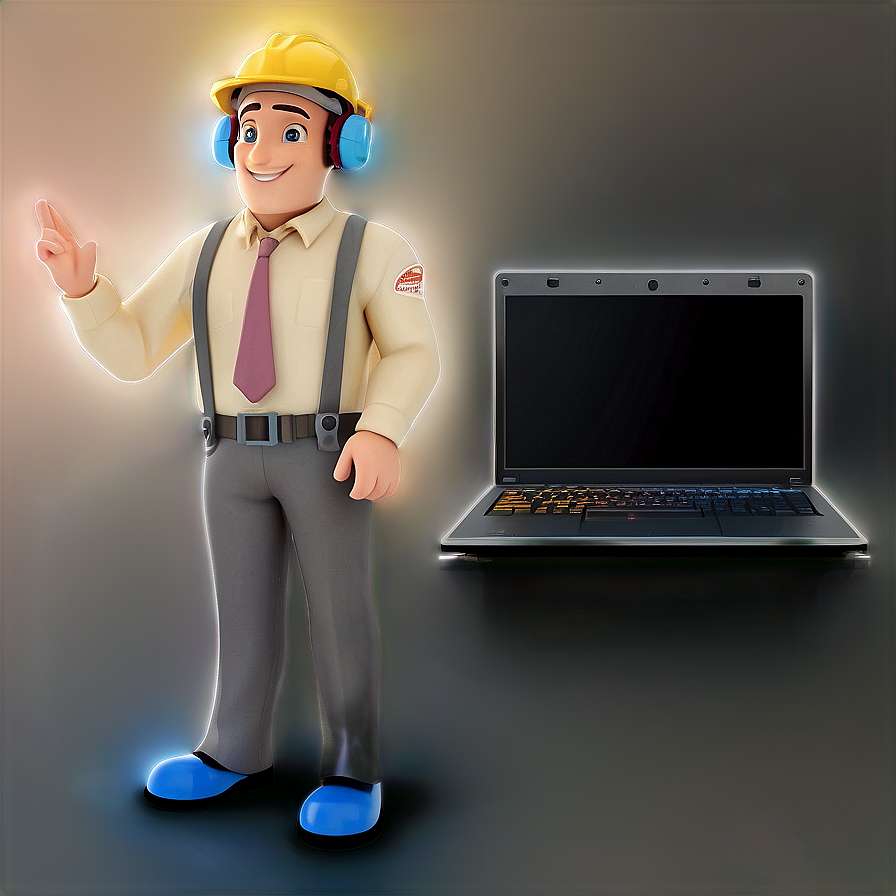 A smiling construction worker in hard hat and ear protection stands next to a laptop. — Engineer PNG
