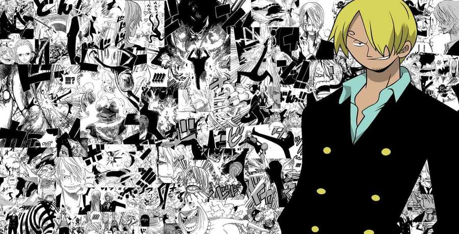 Anime character with blonde hair and black coat against manga panel collage. — Enies Lobby Wallpaper