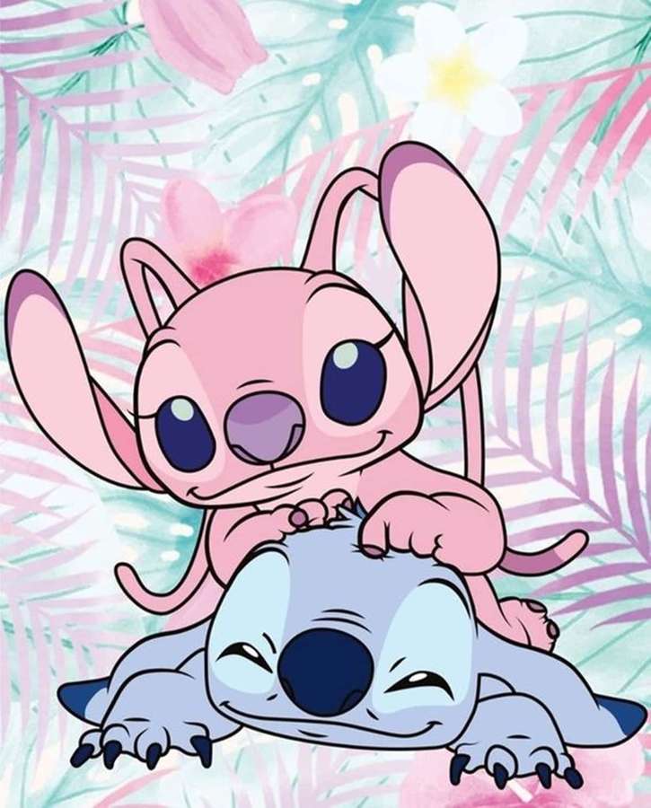 Kaksi sarjakuva-Stitch-hahmoa halimassa trooppisessa kukkaympäristössä. — Enkeli Taustakuvat