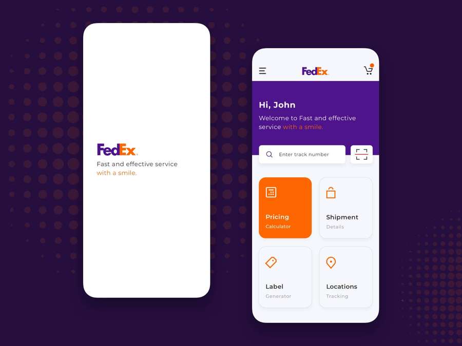 Dois smartphones mostrando telas do aplicativo FedEx em um fundo roxo pontilhado. — Entrega Papéis de Parede