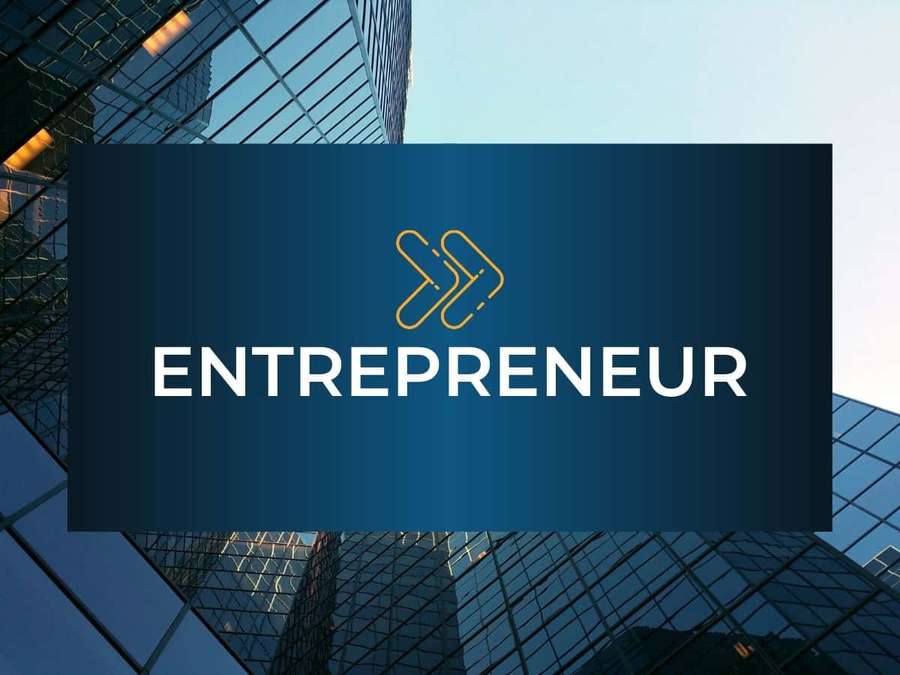 Entrepreneur logo with gold icon and white text on blue background framed by glass skyscrapers. — Entrepreneur Background