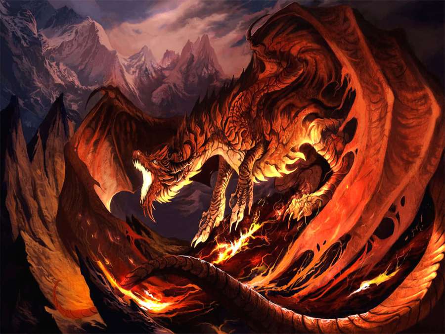 A fiery dragon with glowing scales roars atop a mountain range at twilight. — Epic Dragon Background