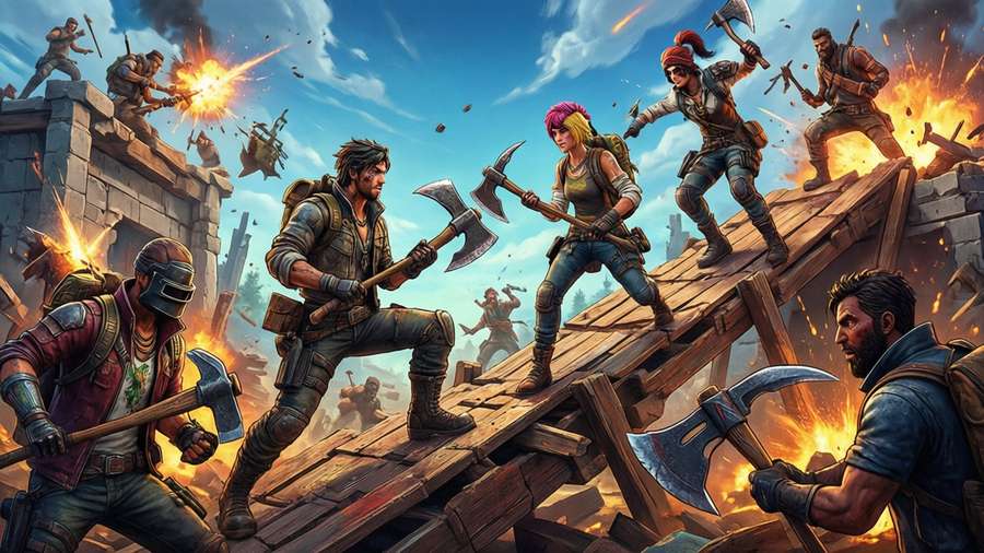 Intense building and pickaxe fight, Fortnite action wallpaper — Epic Games Wallpaper