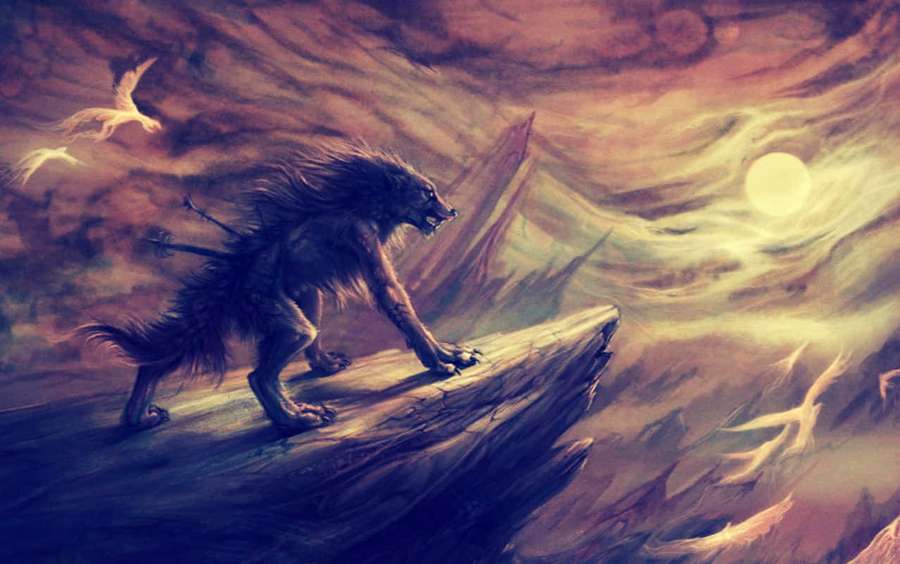 Lobisomem feroz andando na borda do penhasco sob lua brilhante com pássaros fantasmagóricos voando. — Epic Wolves Papéis de Parede
