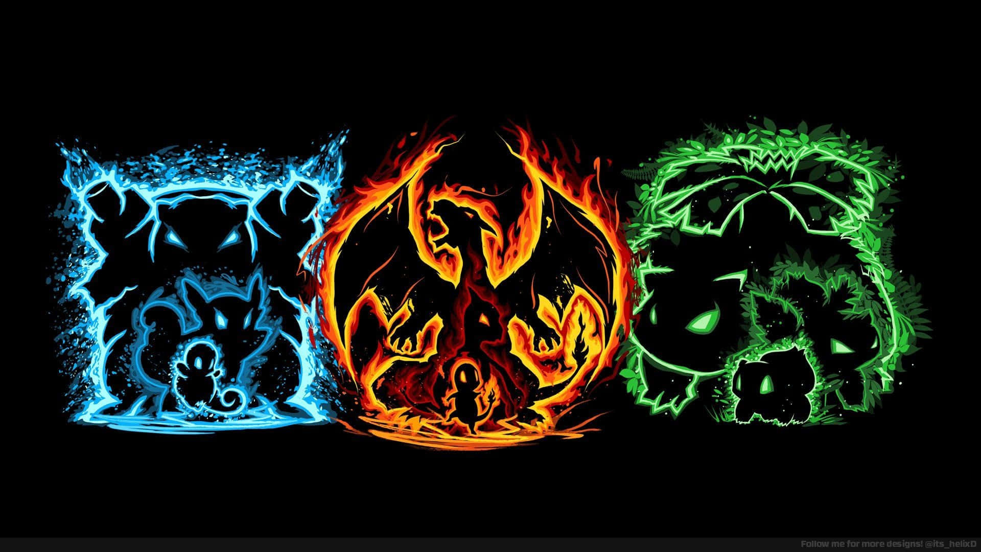 Tre glødende elementære drager i is-, ild- og giftstile mod sort baggrund. — Episk Charizard Wallpapers