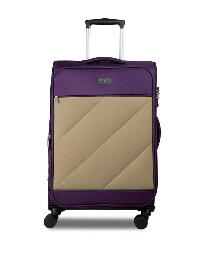 Maleta con ruedas morada y beige con asa extendida y ruedas. — Equipaje Morado Fondos de pantalla