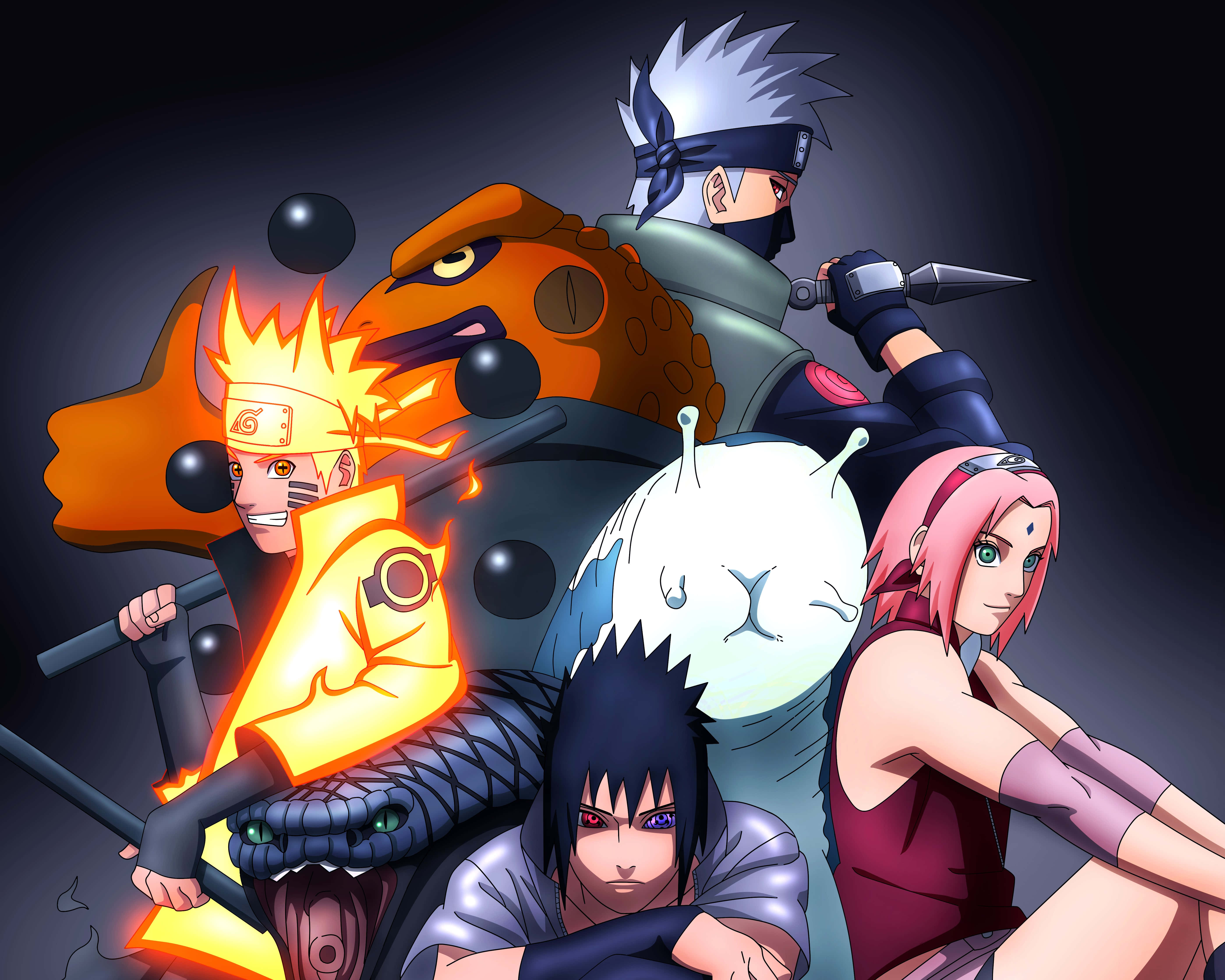 Personajes de anime de Naruto en poses de acción con efectos brillantes y fondo oscuro. — Equipo 7 Fondos de pantalla