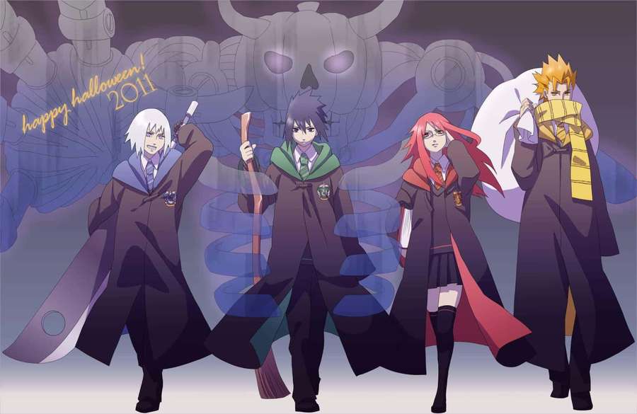 Cuatro personajes de anime en disfraces de Halloween con fondo fantasmal. — Equipo Taka Naruto Fondos de pantalla