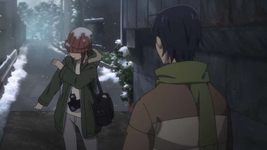 Two anime characters in winter coats stand in a snow-covered alleyway. — Erased Anime Background