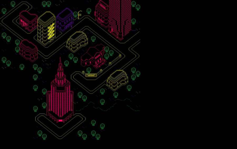 Neon-Stadtsilhouette mit leuchtenden Gebäuden und Bäumen bei Nacht. — Erdgebunden Wallpaper