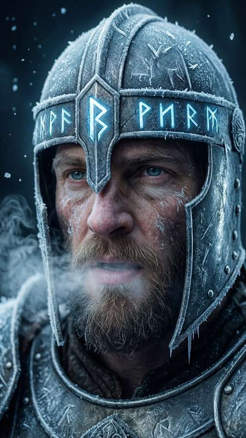 Close-up on Eredin's helm with frost, cold mist, glowing runes, floating ice particles. — Eredin Bréacc Glas Wallpaper