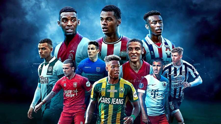 Group of professional soccer players in colorful team uniforms posing dynamically. — Eredivisie Wallpaper