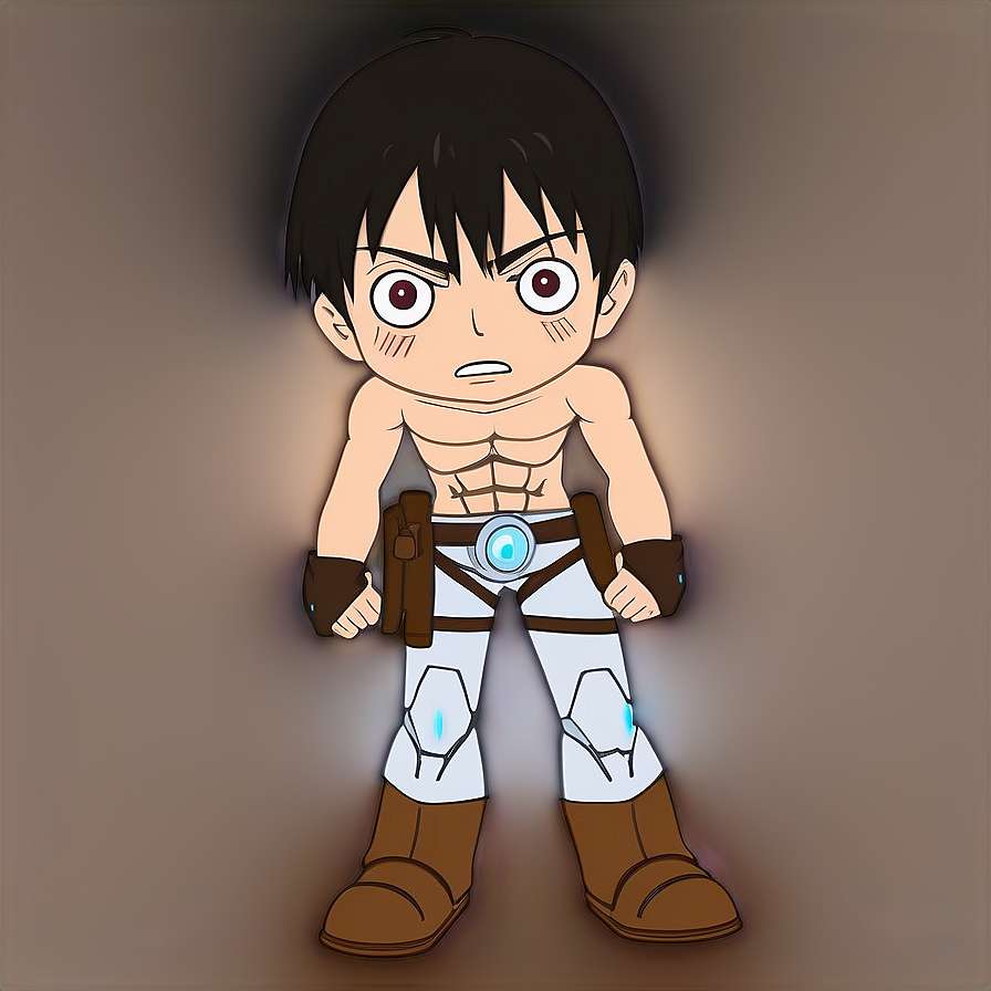 Chibi anime boy in sci-fi gear with glowing blue accents standing with a serious expression. — Eren PNG