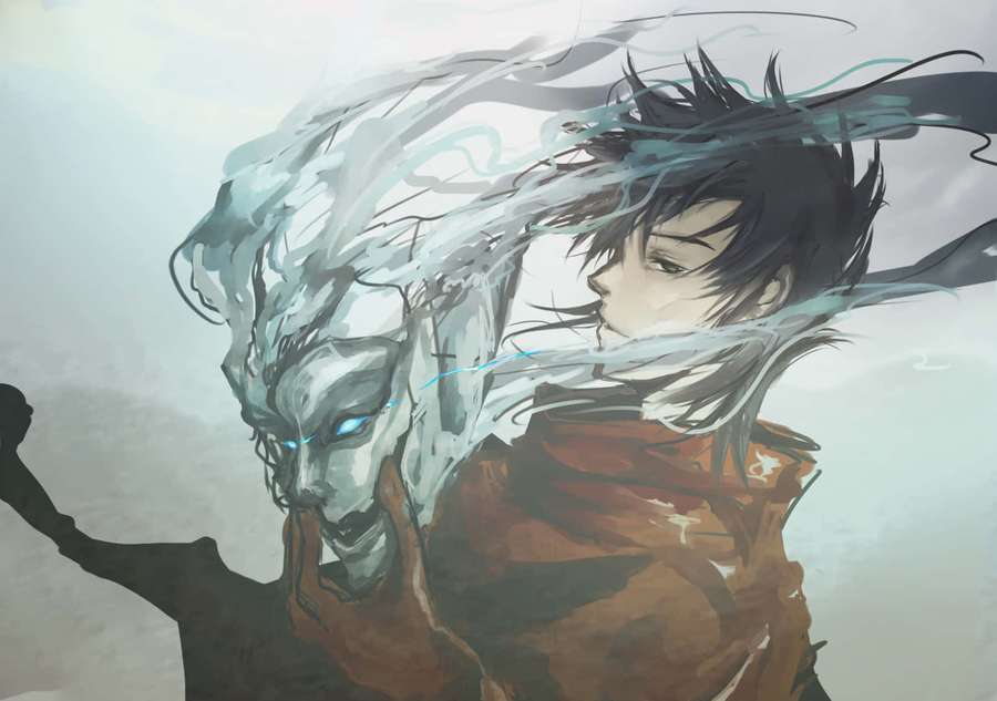 Young man with a ghostly blue-eyed spirit beside him in a windy scene. — Ergo Proxy Vincent Law Wallpaper