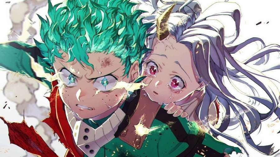 Zwei Anime-Charaktere in einem heftigen Kampf mit grünen und weißen Haaren und leuchtenden Augen. — Eri Hintergrundbild