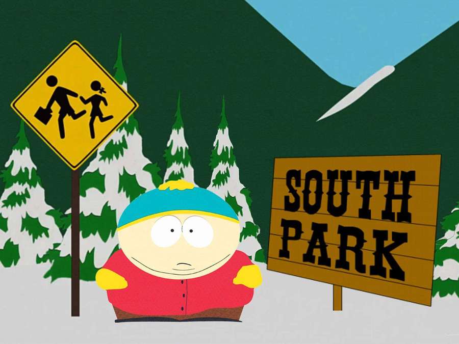 Cartoon character in winter gear stands near South Park sign with snowy trees. — Eric cartman Wallpaper