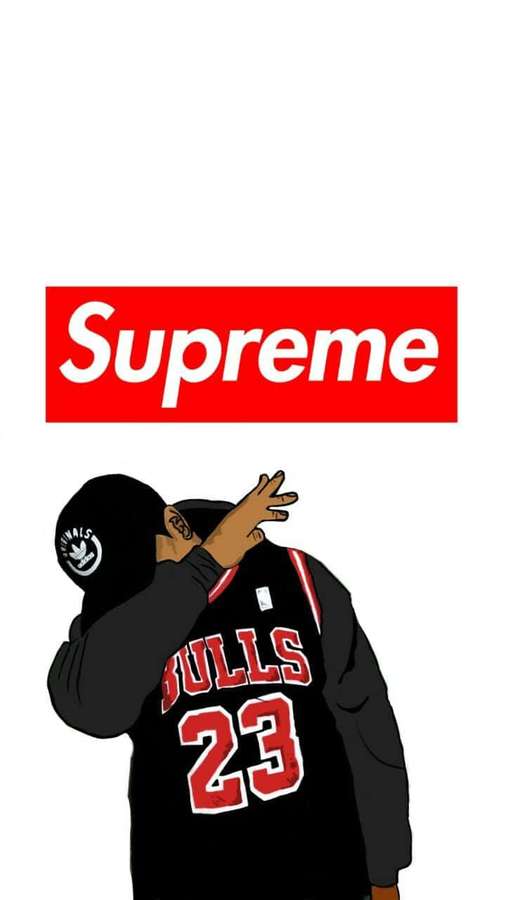Person in Bulls-Trikot macht Dab unter Supreme-Logo — Erstklassiger Cartoon Wallpaper