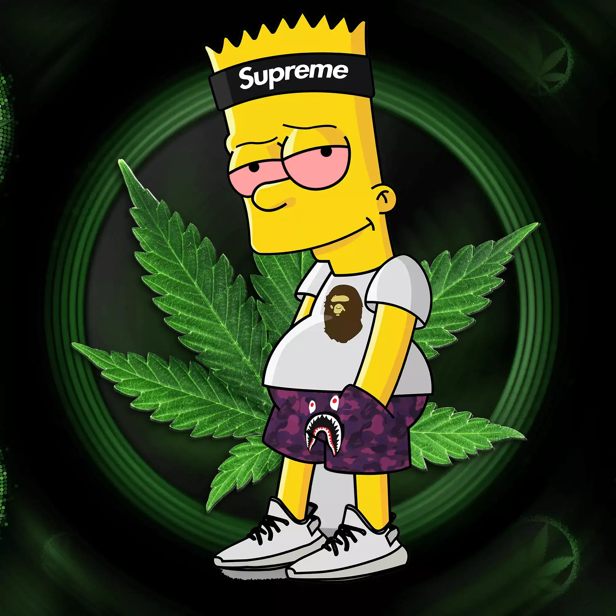 Bart Simpson cartoon em streetwear cercado por folhas de cannabis. — Erva daninha fresca Papéis de Parede