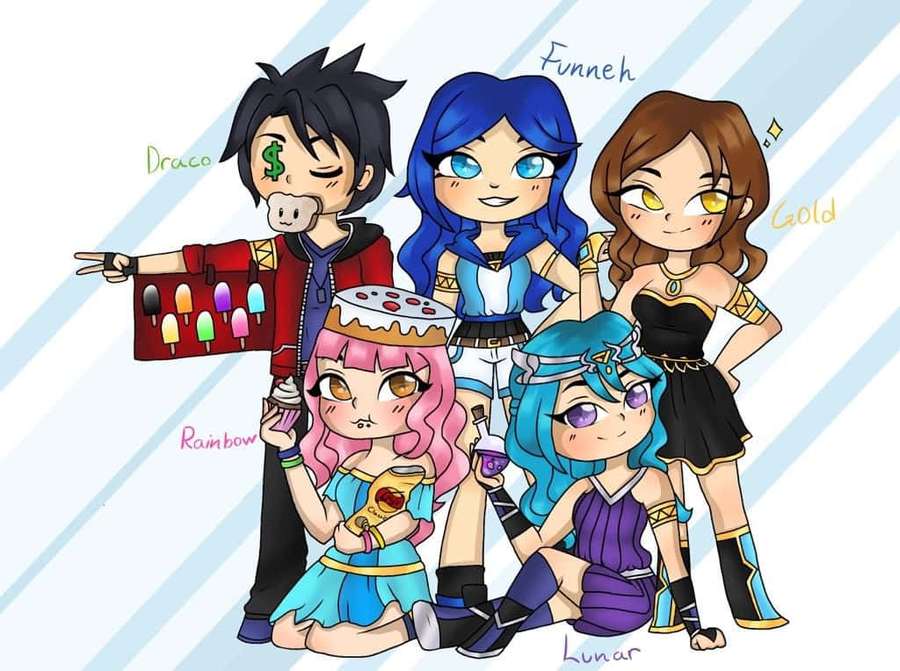 Fünf Anime-Chibi-Figuren in farbenfrohen Outfits posieren zusammen. — Es Ist Lustig Wallpaper