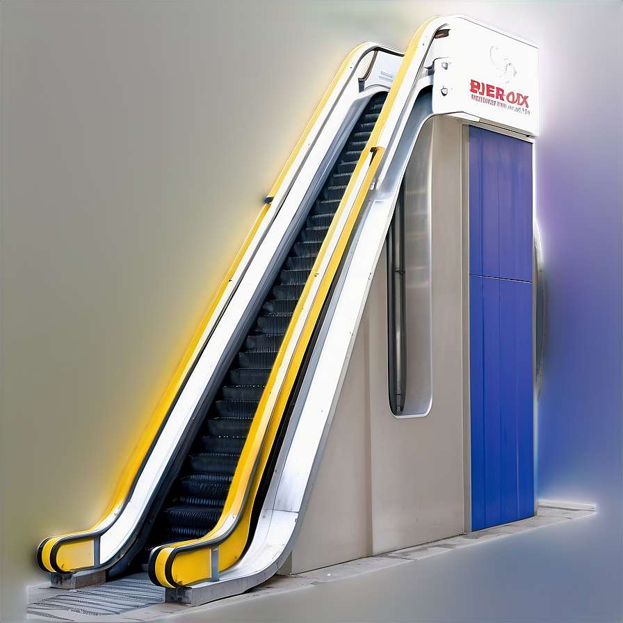 A yellow and blue escalator in a modern indoor setting with gradient lighting. — Escalator PNG
