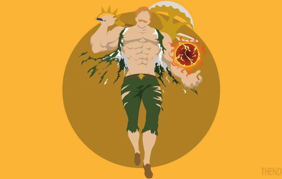 A muscular man with a crown wields fire and a sword against an orange backdrop. — Escanor Background