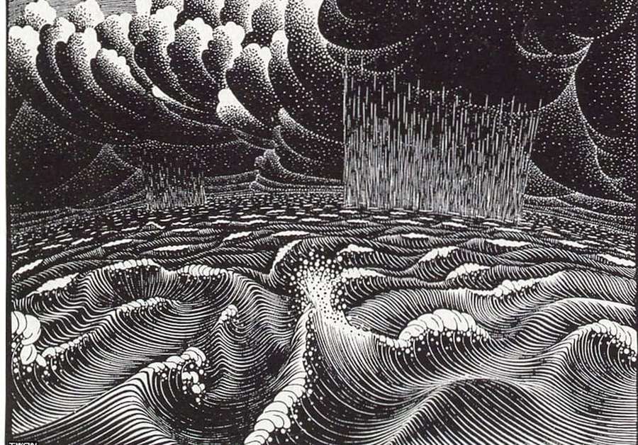 Dramatic black and white illustration of stormy ocean waves under heavy rain and swirling clouds. — Escher Wallpaper