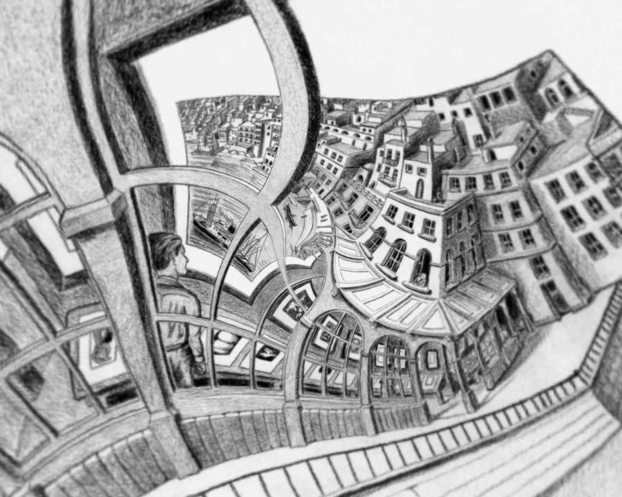 Person looking out curved window at tilted cityscape in pencil drawing — Escher Background