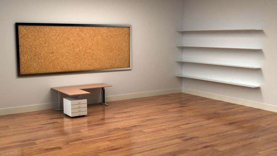 Escritório vazio com mesa de cortiça e prateleiras brancas no piso de madeira. — Escritório Papéis de Parede