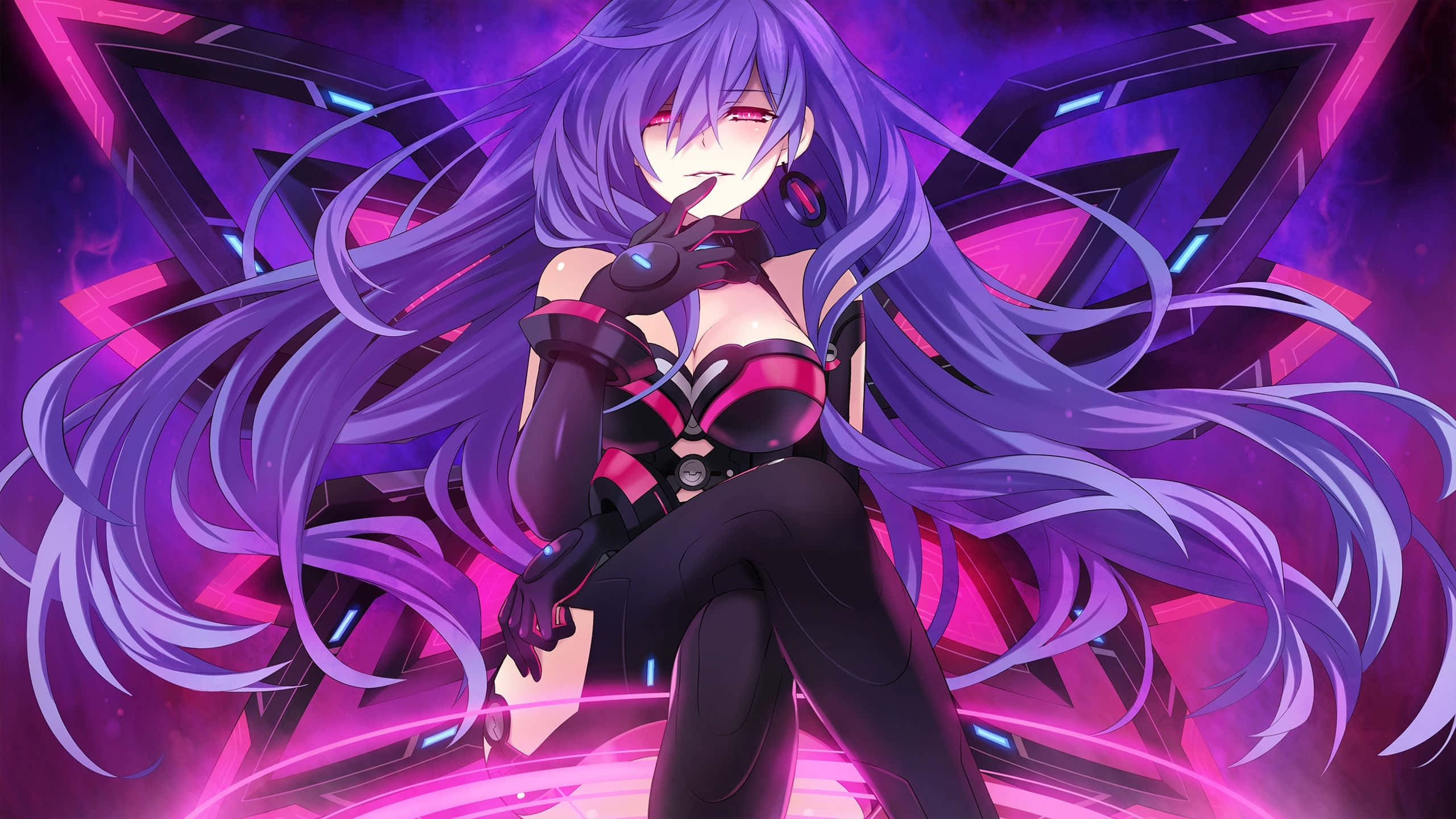 Chica anime con cabello púrpura y ojos brillantes en atuendo neón cyberpunk. — Escritorio morado Fondos de pantalla