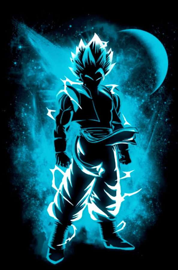 Uma silhueta azul brilhante de guerreiro anime está em uma cena cósmica com uma lua crescente e estrelas. — Eso Papéis de Parede