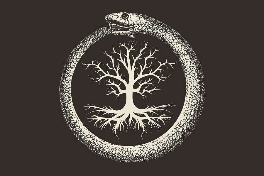 A white tree with roots and branches surrounded by a coiled snake on a dark brown background. — Esoteric Wallpaper