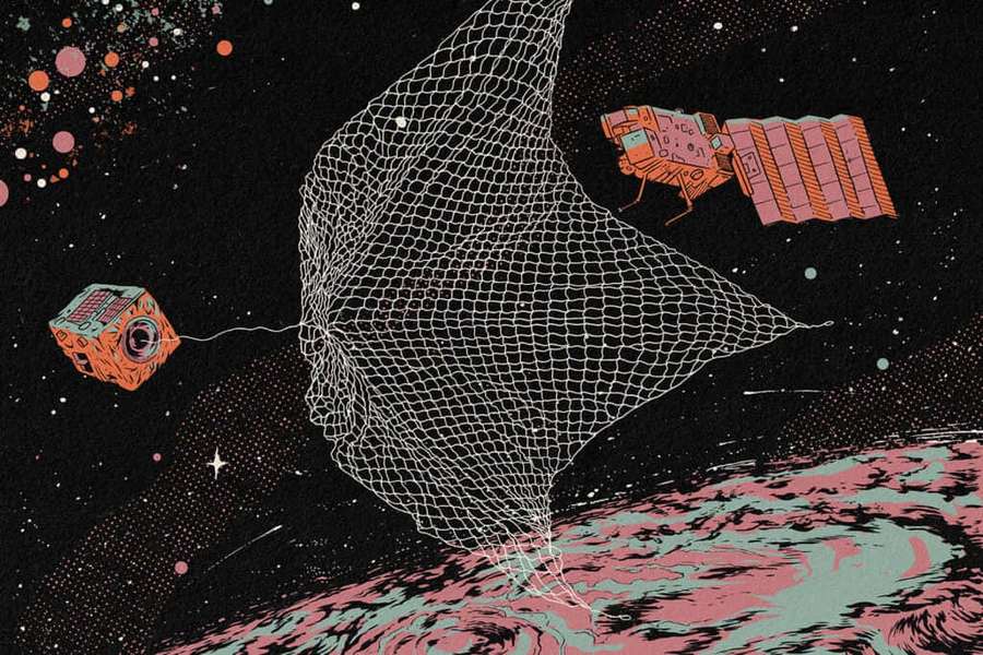 Dos satélites desplegando una red sobre un planeta colorido en el espacio. — Espacio Debris Fondos de pantalla