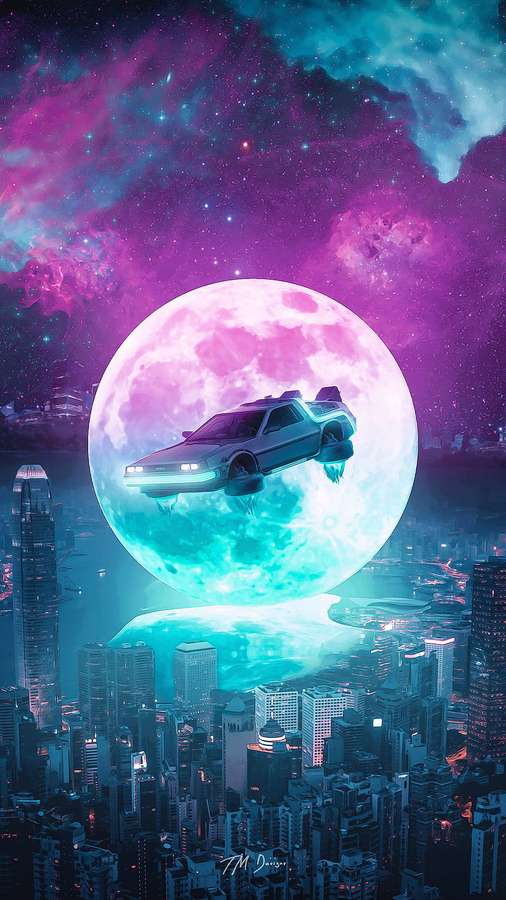 Um DeLorean prateado voa na frente de uma lua brilhante sobre uma cidade iluminada por neon à noite. — Espaço retrô Papéis de Parede